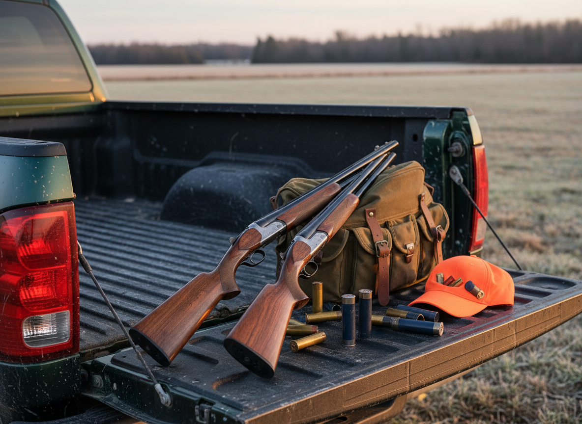A pair of meticulously oiled walnut and blued-steel over-under shotguns resting diagonally across the tailgate of a mud-dusted 4x4 truck, its dark green paint catching the soft sheen of early morning light. Around the guns lie neatly arranged upland and waterfowl shells, a rugged waxed-canvas game bag, and a blaze-orange cap turned upside down. In the blurred background, a frost-tipped Northern Michigan field stretches toward a distant treeline under a pale sky. Photographic realism, eye-level composition, gentle golden-hour side lighting creating rich highlights on metal and wood, with a shallow depth of field for a professional, confident, and inviting mood.