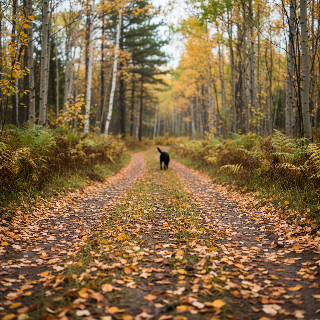 A quiet two-track logging road in Northern Michigan, captured from a low, forward-facing angle as if from a dog’s-eye view, winding through mixed aspen, birch, and pine forest in late autumn. The dirt path is scattered with yellow and burnt-orange leaves, framed by knee-high ferns and young popples perfect for grouse cover. No people are visible; only a distant silhouette of a pointing lab’s tail and hindquarters fade into the soft bokeh ahead. Overcast, diffused lighting makes colors rich but natural. Photographic realism, leading lines draw the eye down the road, conveying exploration, anticipation, and expert local knowledge.