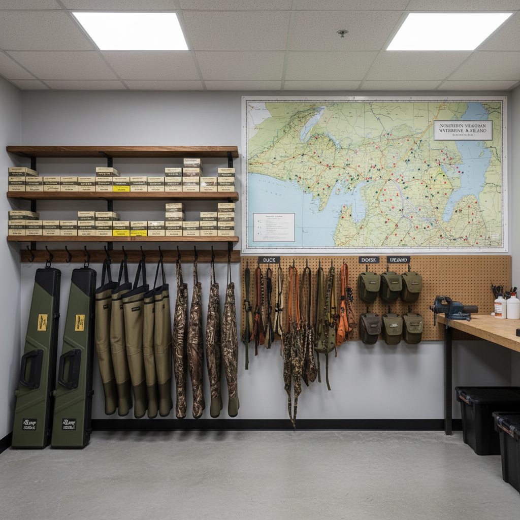 The interior of a tidy guide’s gear room photographed in crisp detail: neatly stacked waterproof shotguns cases, rows of breathable waders hanging on heavy hooks, shelves of labeled ammo boxes, and bundles of game carriers and lanyards organized by color and use. A detailed map of Northern Michigan marshes and grouse cover hangs prominently on the back wall, pushpins marking prime spots. Overhead LED shop lights cast even, cool light with minimal shadows, emphasizing order and professionalism. Shot from a slightly elevated angle with sharp focus throughout, the composition is clean and structured, reflecting reliability, preparation, and high-end guided hunting services.