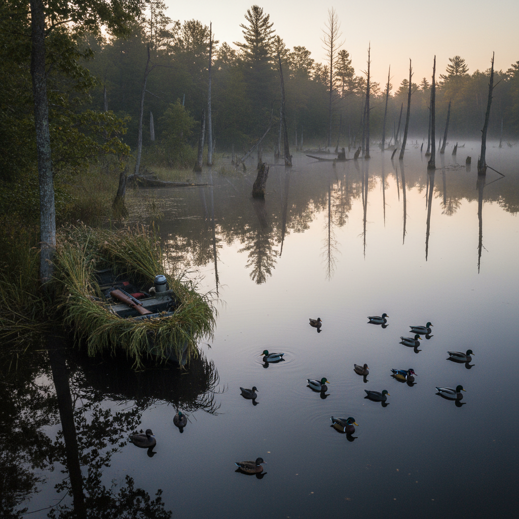 A dramatic overhead photographic view of a flooded Northern Michigan timber hole at dawn, mirror-smooth water broken only by a carefully spaced spread of floating decoys: mallards, wood ducks, and a few Canada goose silhouettes. A brushed-up, low-profile boat is tucked into the flooded trunks on one side, camouflaged with cattails and marsh grass, shotgun cases and a thermos visible inside. The horizon glows with muted orange and pale blue as fog drifts between dark tree trunks. Soft, misty first light creates subtle reflections and a serene yet anticipatory mood. Wide-angle composition with deep focus for a cinematic, professional feel.