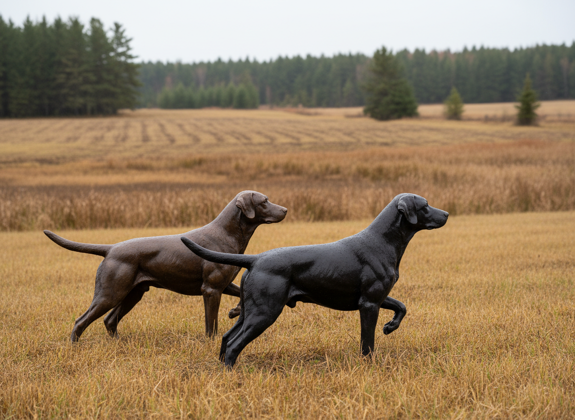 A trio of sleek chocolate and black pointing labs in mid-point, frozen as bronze hunting dog statues on the edge of a golden-brown Northern Michigan grassland, no humans visible. Their glossy coats glisten with tiny dew droplets as their noses aim toward an unseen bird hidden in the tall cover. Behind them, a patchwork of cut fields, cattail marsh edges, and dark pine forest fades into a soft bokeh. Overcast diffused light lends even, natural tones. Photographic realism, slightly low-angle, rule-of-thirds composition, emphasizing intensity, discipline, and teamwork in a calm, focused atmosphere.